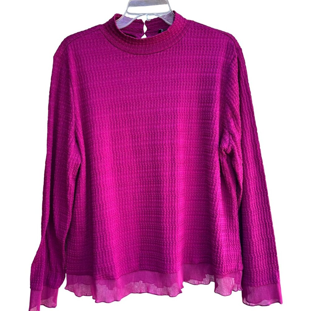 Calligraphie Waffle Textured Blouse XL Fuchsia Crinkle Hem Keyhole‎ Button Back